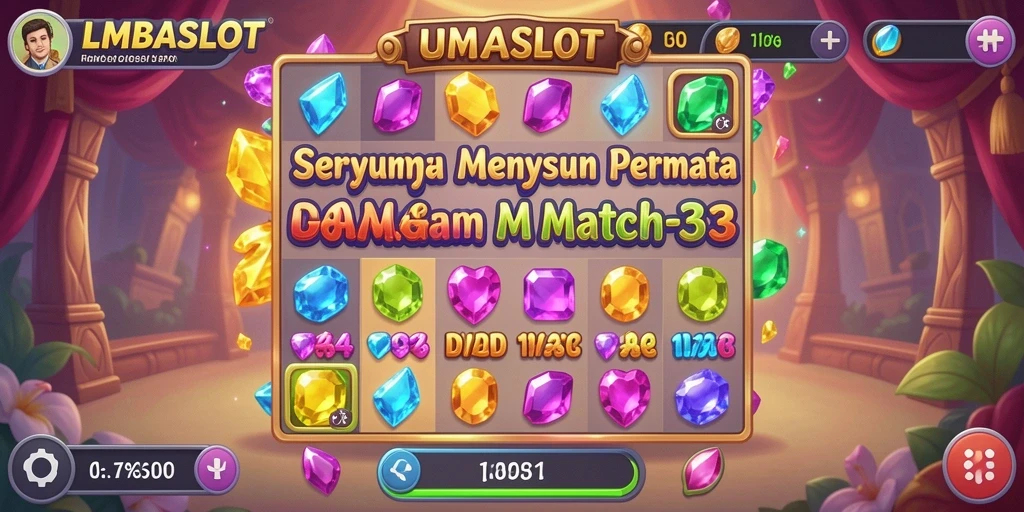 Tampilan gameplay seru dalam LMBASLOT dengan permata berwarna-warni.