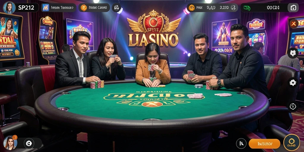 Screenshot gameplay SP212 yang menampilkan dealer langsung dan pemain aktif.